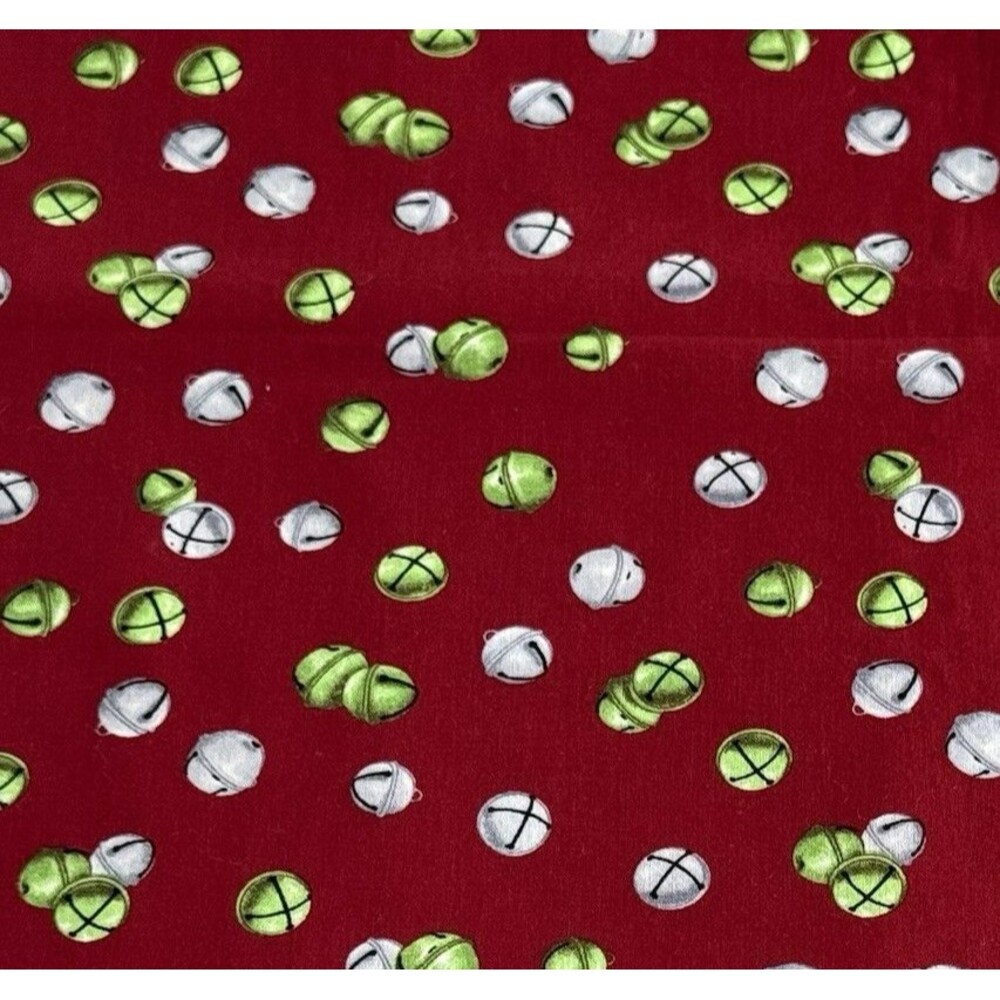 Christmas Jingle Bells Maroon Fabric Green Silver Bells Quilt Cotton Xmas 52"x44